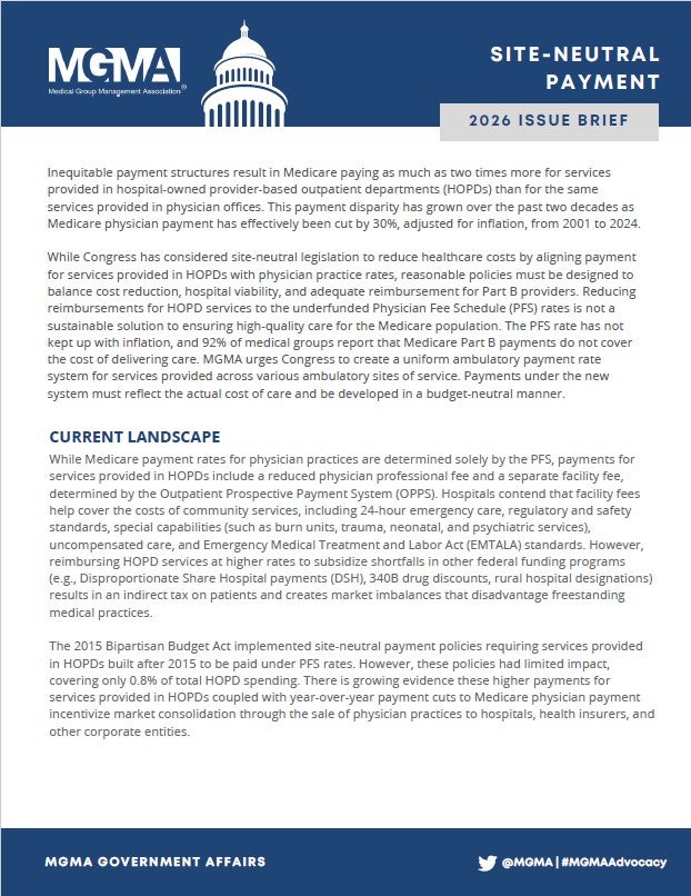 MGMA 2026 Site-Neutral Payment Position Paper