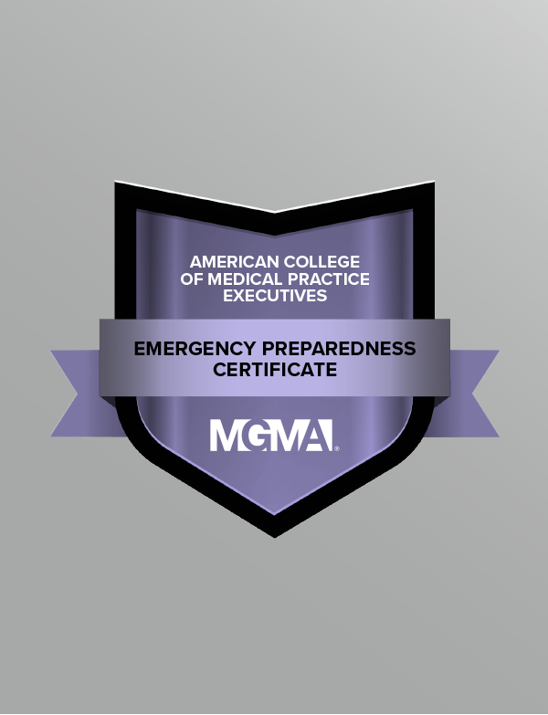 A graphic displaying a digital badge for the American College of Medical Practice Executives' Emergency Preparedness Certificate.